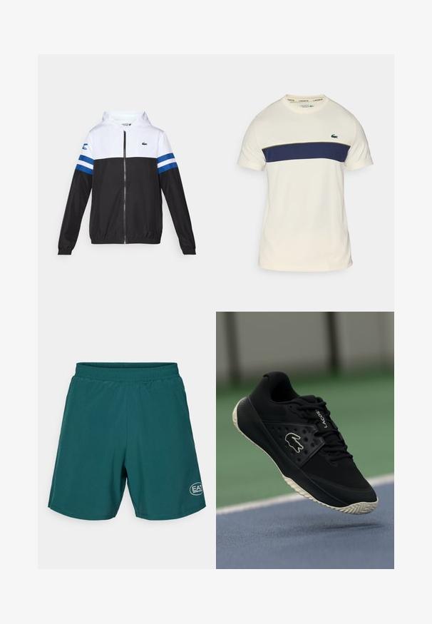 Hettejakke med hvit overdel, svart nedre del og blå horisontale striper på ermene. Laget av et lett materiale med glidelås.; Hvit og marineblå Lacoste t-skjorte med rund hals, korte ermer og horisontal fargeblokk. Har en grønn krokodillelogo.; Teal treningsshorts med elastisk midje, med en liten hvit logo nederst til høyre. Glatt, lett stoff, knelange.; Svart idrettssko med strukturert overdel og glatte detaljer, med en hvit logo, snøring, og fleksibel gummisåle.