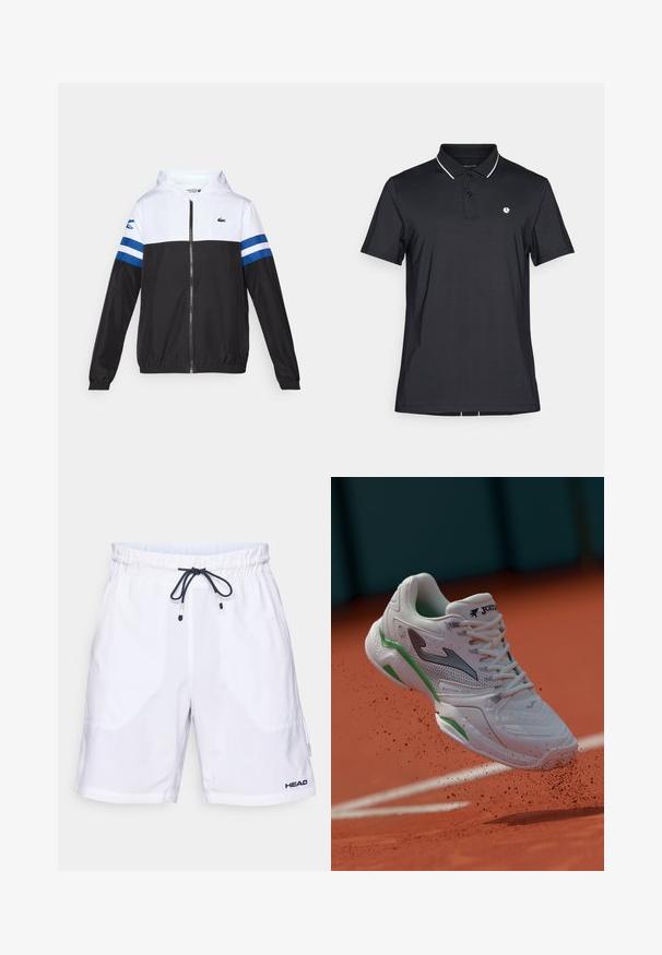 Hooded jaka ar baltu augšdaļu, melnu apakšējo daļu un zilām horizontālām svītrām uz piedurknēm. Izgatavota no viegla materiāla ar rāvējslēdzēju.; Melna polo krekls ar īsām piedurknēm, divu pogu aizdare, balti akcenti uz apkakles un neliels logo kreisajā krūšu daļā. Gluda auduma tekstūra.; Baltas peldkostīms ar auklu jostasvietā un tumši zilu akcentu. Izmanto sānu kabatas un zīmolu apakšējā kreisajā stūrī. Viegls audums.; Baltā sporta apava ar pelēkiem un zaļiem akcentiem, ar saitēm, teksturētu sietu augšdaļu un rakstainu zoli, kas ir pacelta virs māla laukuma.