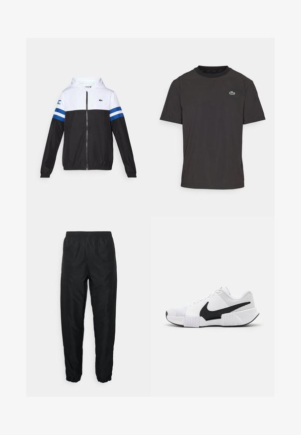 Hooded jaka ar baltu augšdaļu, melnu apakšējo daļu un zilām horizontālām svītrām uz piedurknēm. Izgatavota no viegla materiāla ar rāvējslēdzēju.; Melnā īsām piedurknēm T-kreklā, kas izgatavots no mīkstas auduma, ar apaļu kakla izgriezumu un mazu zaļo krokodilu logo kreisajā krūtī.; Melnas sporta bikses, kas izgatavotas no viegla materiāla, ar elastīgu jostu un aprocēm, piedāvājot gludu tekstūru un minimālu zīmola atzīmi.; Balti sporta apavi ar melniem akcentiem. Strukturēti acs paneļi, mīkstina apkakle un gumijas zole. Izceļas ar izteiktu melnu swoosh logo.
