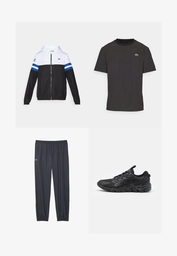Casaco com capuz, com parte superior branca, parte inferior preta e riscas horizontais azuis nas mangas. Feito de um tecido leve com fecho de correr.; T-shirt preta de manga curta feita de um tecido suave, com um decote redondo e um pequeno logotipo de crocodilo verde no lado esquerdo do peito.; Calças de desporto cinza-escuras feitas de um tecido suave, com um cós elástico e punhos elásticos nos tornozelos. Logotipo da Lacoste na lateral.; ASICS GEL-QUANTUM 90 3 - Sapatos para corrida em estrada - black