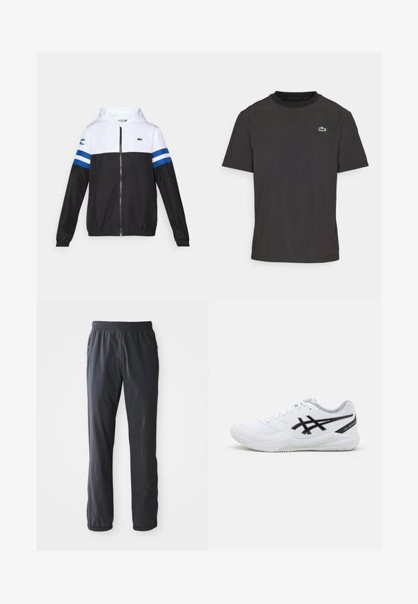 Hettejakke med hvit overdel, svart nedre del og blå horisontale striper på ermene. Laget av et lett materiale med glidelås.; Svart t-skjorte med korte ermer laget av mykt stoff, med rund hals og en liten grønn krokodille-logo på venstre bryst.; Menns mørkegrå letvekt bukser med elastisk liv og ankelmansjetter, frontlommer med glidelås, lagt flatt på en hvit bakgrunn.; Hvit treningssko med strukturert overdel, svart stripe-design og grå detaljer på hælen og tungen. Gummisålen har mønstret grep.