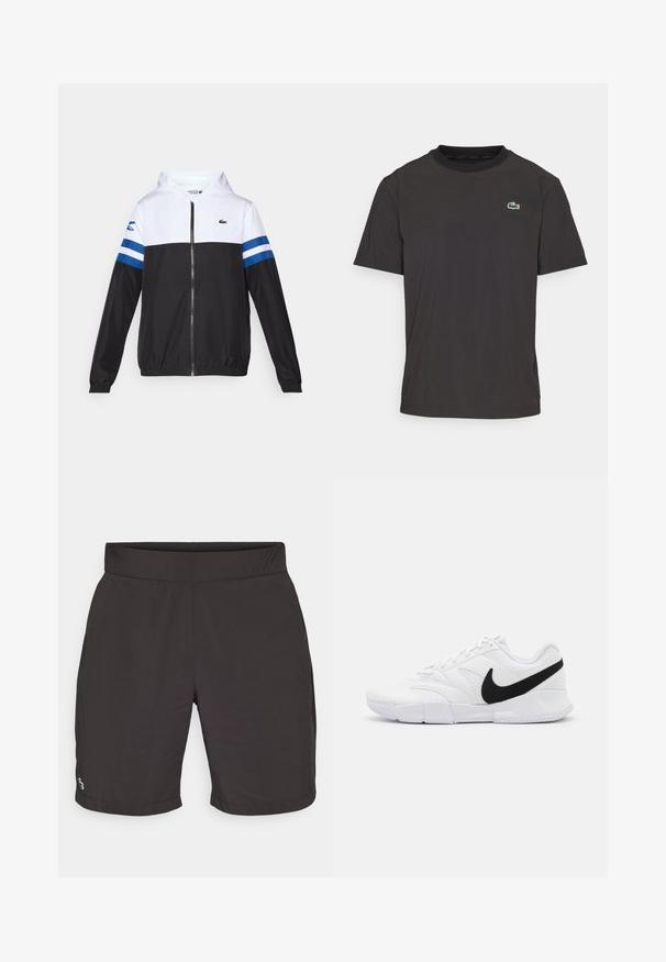 Kapišoninė striukė su balta viršutine dalimi, juoda apatine dalimi ir mėlynomis horizontaliomis juostelėmis ant rankovių. Pagaminta iš lengvos medžiagos su užtrauktuko uždarymu.; Juodas trumpomis rankovėmis marškinėliai pagaminti iš minkštos medžiagos, turintys apvalų kaklą ir mažą žalią krokodilo logotipą kairėje krūtinės pusėje.; Juodos šortai, pagaminti iš lengvos medžiagos, turintys lygų paviršių, su elastinga juosta ir maža spalvota logotipu apačioje kairėje.; Baltos sportinės bateliai su tekstūruotu viršumi, juodu Nike logotipu, paminkštintu apvadu ir tvirtu guminio pado su raštuotu protektoriumi.