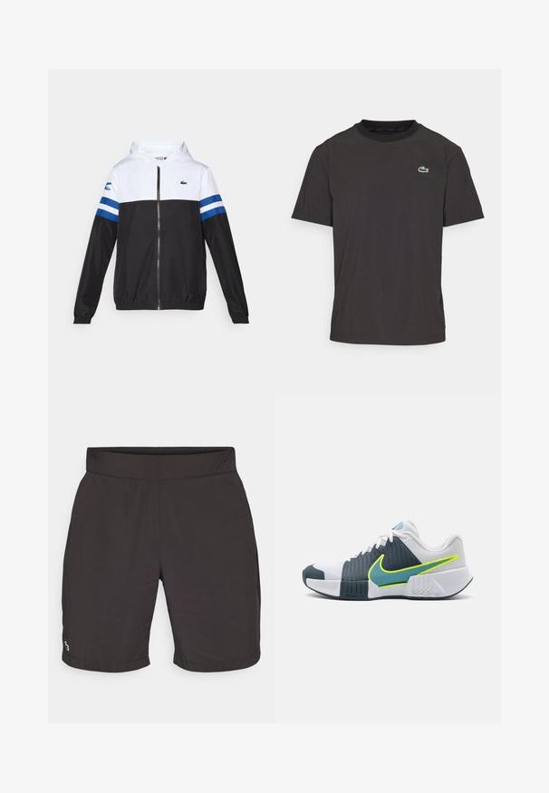 Hættejakke med en hvid overdel, sort underkrop og blå vandrette striber på ærmerne. Lavet af letvægtsstof med lynlås-lukning.; Sort kortærmet T-shirt lavet af blødt stof med rund halsudskæring og et lille grønt krokodille-logo på venstre bryst.; Sorte shorts lavet af letvægtsmateriale med en glat tekstur, der har en elastisk talje og et lille farvet logo nederst til venstre.; Nike sportsko med en hvid og navy overdel samt teksturerede detaljer, neongrøn swoosh og en mønstret sål for godt greb.