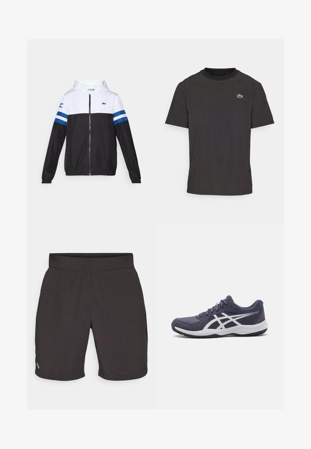 Hættejakke med en hvid overdel, sort underkrop og blå vandrette striber på ærmerne. Lavet af letvægtsstof med lynlås-lukning.; Sort kortærmet T-shirt lavet af blødt stof med rund halsudskæring og et lille grønt krokodille-logo på venstre bryst.; Sorte shorts lavet af letvægtsmateriale med en glat tekstur, der har en elastisk talje og et lille farvet logo nederst til venstre.; Mørkeblå atletiksko med hvide detaljer, struktureret materiale, lavskåret design, polstret sål og snørebåndslukning.