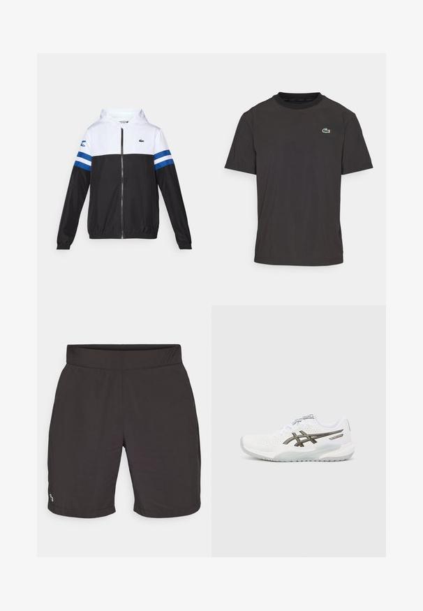 Hooded jacket with a white upper, black lower body, and blue horizontal stripes on sleeves. Made from a lightweight fabric with a zip closure.; Black short-sleeve T-shirt made of soft fabric featuring a round neckline and a small green crocodile logo on the left chest.; Black shorts made of lightweight material with a smooth texture, featuring an elastic waistband and a small colored logo on the bottom left.; White athletic shoe with perforated mesh upper, gray accents, logo on side, and a cushioned sole design. Features lace-up closure.