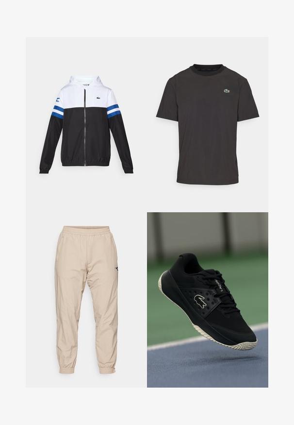 Hoodie mit einem weißen Oberteil, schwarzem Unterteil und blauen horizontalen Streifen an den Ärmeln. Aus einem leichten Stoff mit einem Reißverschluss.; Schwarzes T-Shirt mit kurzen Ärmeln aus weichem Stoff, mit rundem Halsausschnitt und kleinem grünen Krokodil-Logo auf der linken Brust.; Diadora TRACK PANTS ICON - Jogginghose - humus; Schwarzer Sportschuh mit strukturiertem Obermaterial und glatten Akzenten, ausgestattet mit einem weißen Logo, Schnürdesign und flexibler Gummisohle.