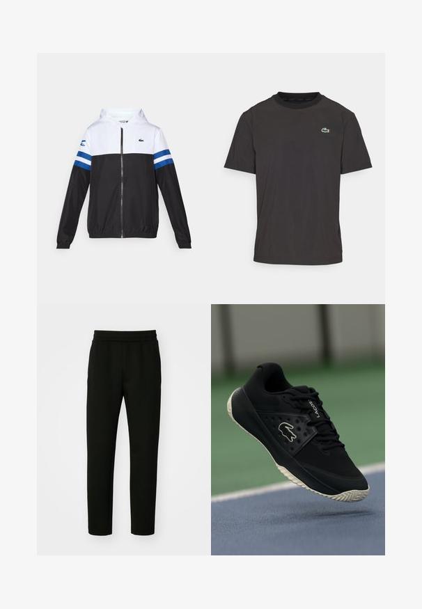 Casaco com capuz, com parte superior branca, parte inferior preta e riscas horizontais azuis nas mangas. Feito de um tecido leve com fecho de correr.; T-shirt preta de manga curta feita de um tecido suave, com um decote redondo e um pequeno logotipo de crocodilo verde no lado esquerdo do peito.; Calças de jogging pretas feitas de um tecido suave e elástico. Apresentam um corte ajustado, cintura elástica e bolsos laterais. Design simples e minimalista.; Sapatilha atlética preta com superior texturizado e detalhes lisos, apresentando um logo branco, design de atacadores e sola de borracha flexível.