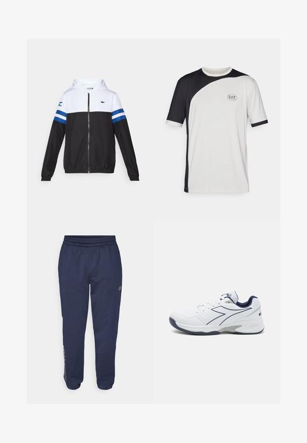 Kapuca jakna z belim zgornjim delom, črnim spodnjim delom in modrimi vodoravnimi črtami na rokavih. Narejena je iz lahkotnega materiala z zadrgo.; Majica s kratkimi rokavi v črno-belem barvnem bloku, izdelana iz lahkega materiala. Vključuje logotip EA7 na prsih.; Temno modri trenirki iz mehkega blaga, s pasa na vrvico, stranskimi žepi in natisnjenim logotipom vzdolž leve noge.; Bela športna čevlja z mornarsko modrimi akcenti, mrežastimi ploščami in teksturiranim podplatom. Imajo vezalni dizajn in poudarjeno stransko logotipno podrobnost.