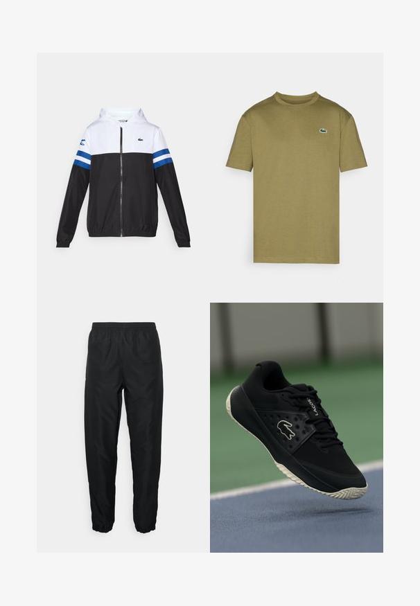 Casaco com capuz, com parte superior branca, parte inferior preta e riscas horizontais azuis nas mangas. Feito de um tecido leve com fecho de correr.; T-shirt de algodão verde-oliva com mangas curtas, decote redondo canelado e logo de crocodilo bordado em branco e verde no lado esquerdo do peito.; Calças desportivas pretas feitas de material leve com cintura e punhos elásticos, apresentando uma textura suave e um detalhe de marcação mínima.; Sapatilha atlética preta com superior texturizado e detalhes lisos, apresentando um logo branco, design de atacadores e sola de borracha flexível.