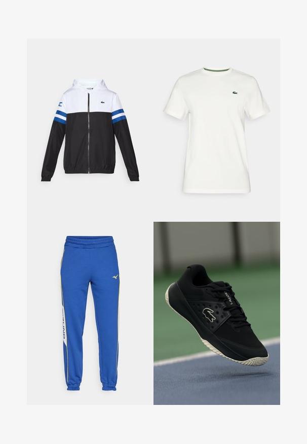 Hooded jacket with a white upper, black lower body, and blue horizontal stripes on sleeves. Made from a lightweight fabric with a zip closure.; White cotton t-shirt with short sleeves, featuring a green accent on the collar and a small green logo on the left chest.; Blue sweatpants made of soft fabric with a tapered fit. Features yellow and white side accents and an elasticized waistband.; Black athletic shoe with a textured upper and smooth accents, featuring a white logo, lace-up design, and flexible rubber outsole.