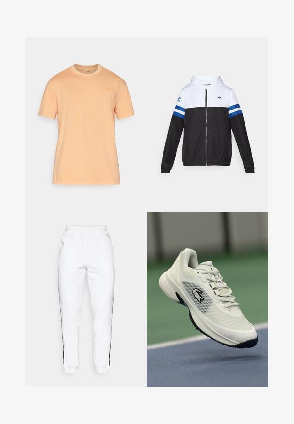 Chaqueta con capucha de color blanco en la parte superior, cuerpo inferior negro y rayas horizontales azules en las mangas. Fabricada con un tejido ligero y cierre de cremallera.; Camiseta de manga corta en algodón color durazno claro, con cuello redondo y un sutil estampado de logo en el pecho, con una textura suave y lisa.; Pantalones de chándal blancos con cintura elástica, que cuentan con franjas laterales negras y puños. Hechos de un tejido suave con una textura lisa.; Zapatilla deportiva blanca con parte superior de malla, acentos negros, suela texturizada y un logotipo prominente en el lateral, exhibida con un fondo de cancha.