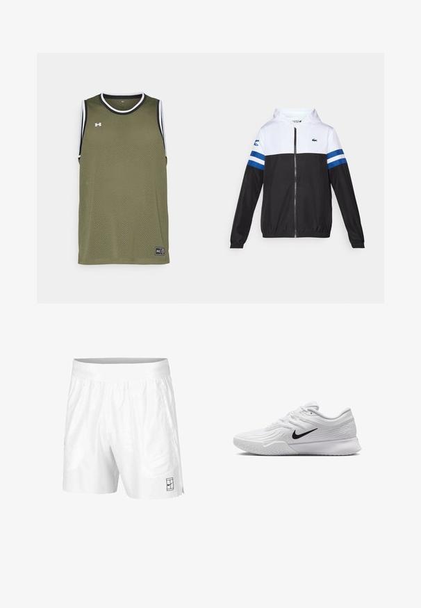 Kapuca jakna z belim zgornjim delom, črnim spodnjim delom in modrimi vodoravnimi črtami na rokavih. Narejena je iz lahkotnega materiala z zadrgo.; Olive zelena mrežasta brezrokavna majica z črno-belim robom, ki ima značko z logotipom na robu in zračno tkanino za udobje.; Bele športne kratke hlače iz lahkotnega materiala z elastičnim pasom, ki imajo dva stranska žepa in majhen črn logotip na robu.; Bela športna čeveljca z teksturiranim mrežastim zgornjim delom, črn Nike znak, oblazinjen ovratnik in gumijast podplat s profilom.