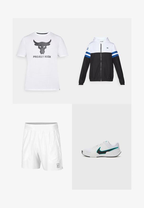Hooded jaka ar baltu augšdaļu, melnu apakšējo daļu un zilām horizontālām svītrām uz piedurknēm. Izgatavota no viegla materiāla ar rāvējslēdzēju.; Baltas kokvilnas T-kreklis ar melnu buļļa logo un "PROJECT ROCK" tekstu nolietotā fontā centra. Īsas piedurknes un apaļa kakla izgriezums.; Baltie sporta šorti, kas izgatavoti no viegla auduma, ar elastīgu jostasvītru, divām sānu kabatām un mazu melnu logo pie apakšmalas.; Baltas sporta apavu modelis ar teksturētu sieta augšdaļu, melnu gumijas zoli un tīkkoka Nike swoosh akcentu. Ar pīkstienēm un mīkstu apkaklīti.