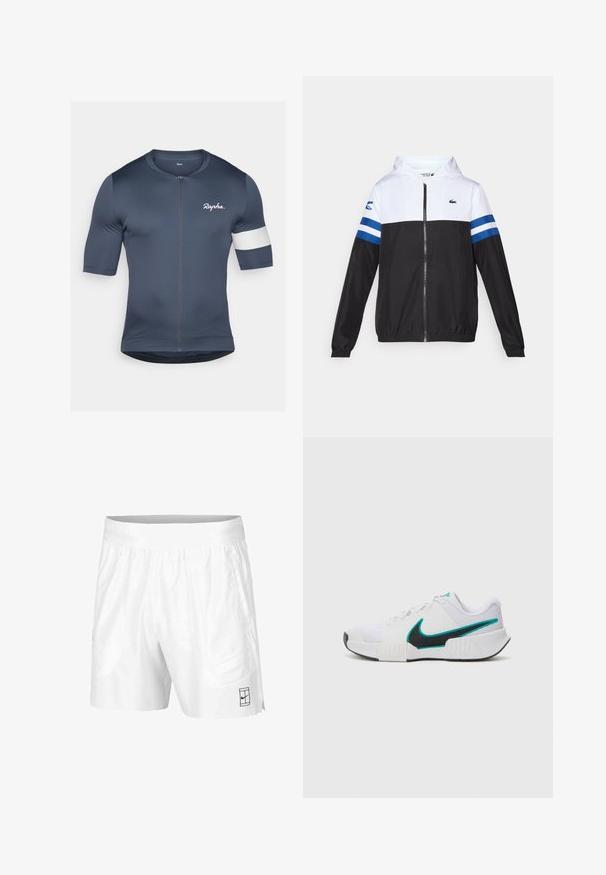 Casaco com capuz, com parte superior branca, parte inferior preta e riscas horizontais azuis nas mangas. Feito de um tecido leve com fecho de correr.; Jersey de ciclismo de manga curta em azul marinho, feito de tecido elástico. Apresenta um fecho na frente e um detalhe branco na manga esquerda.; Calções atléticos brancos feitos de um tecido leve com um cós elástico, apresentando dois bolsos laterais e um pequeno logotipo preto na bainha.; Tênis atlético branco com parte superior em malha texturizada, solado de borracha preta e detalhe em swoosh Nike teal. Apresenta cadarços e colarinho acolchoado.
