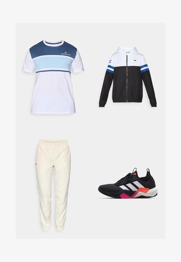 Φούτερ με κουκούλα σε λευκό επάνω μέρος, μαύρο κάτω μέρος και μπλε οριζόντιες ρίγες στα μανίκια. Κατασκευασμένο από ελαφρύ ύφασμα με φερμουάρ.; Ανδρικό T-shirt από βαμβάκι, με λευκό σώμα και οριζόντιες ρίγες σε μπλε και ανοιχτό μπλε, στρογγυλή λαιμόκοψη και ανάγλυφο λογότυπο στο στήθος.; Κρεμ χρώματος αθλητικό παντελόνι με ελαστική μέση, κομμένα πόδια και μικρό σκούρο πράσινο λογότυπο στην αριστερή πλευρά. Λείος, ελαφρύς ύφασμα.; Μαύρο αθλητικό παπούτσι με λευκές ρίγες, υφασμάτινη επιφάνεια με υφή και χοντρή σόλα με πορτοκαλί, ροζ και λευκές λεπτομέρειες. Σχέδιο με κορδόνια και λαβή.