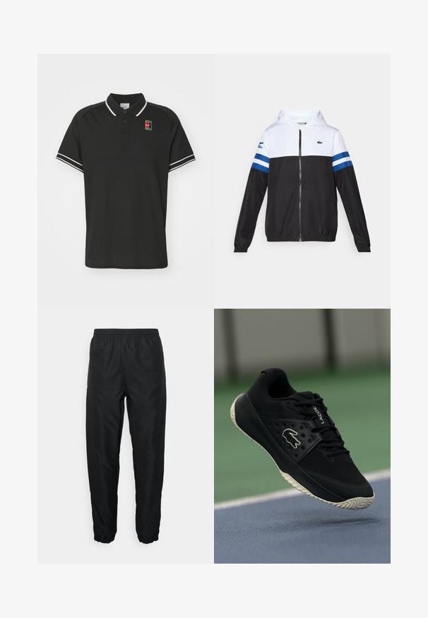 Hettejakke med hvit overdel, svart nedre del og blå horisontale striper på ermene. Laget av et lett materiale med glidelås.; Svart polo skjorte med korte ermer, teksturert stoff, hvite striper på ermene, og en flerfarget logo på brystet.; Svart treningbukser laget av lett materiale med elastisk midje og mansjetter, med en glatt tekstur og minimal merkevarepreg.; Svart idrettssko med strukturert overdel og glatte detaljer, med en hvit logo, snøring, og fleksibel gummisåle.