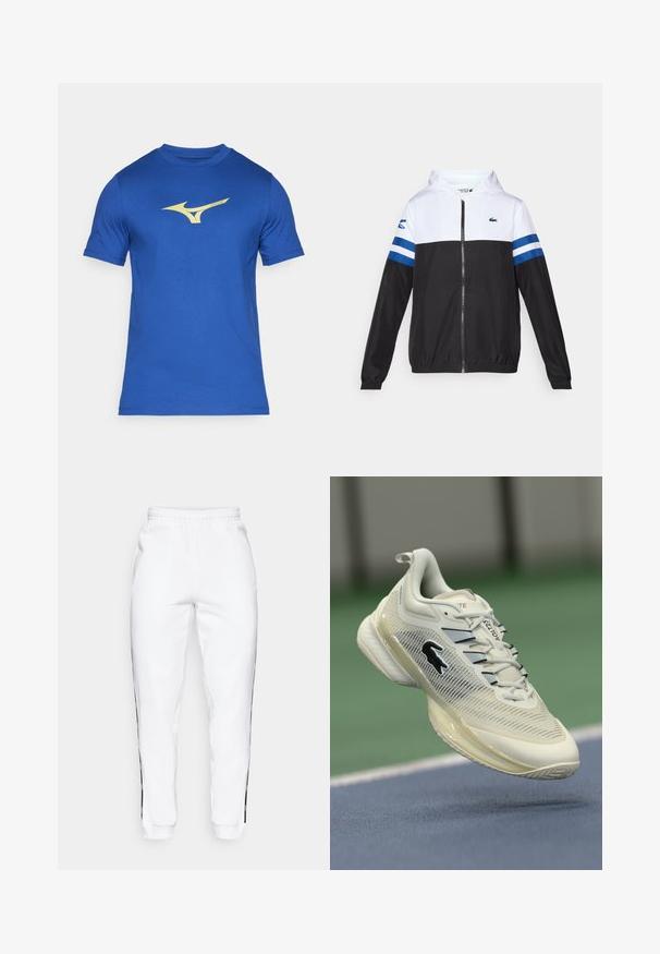 Kapišoninė striukė su balta viršutine dalimi, juoda apatine dalimi ir mėlynomis horizontaliomis juostelėmis ant rankovių. Pagaminta iš lengvos medžiagos su užtrauktuko uždarymu.; Mėlyna sportinė marškinė su apvaliu iškirpimu, trumpomis rankovėmis ir geltonu Mizuno logotipu priekyje. Pagaminta iš lygaus, orui pralaidaus audinio.; Baltos sportinės kelnės su elastinga juosmena, turinčios juodas šonines juosteles ir rankogalius. Pagamintos iš minkštos medžiagos su lygia tekstūra.; Baltas sportinis batas su tinkline viršutine dalimi, guminėmis padais ir elegantišku dizainu. Yra juodas logotipas ir kelios raištelių užsegimo galimybės.