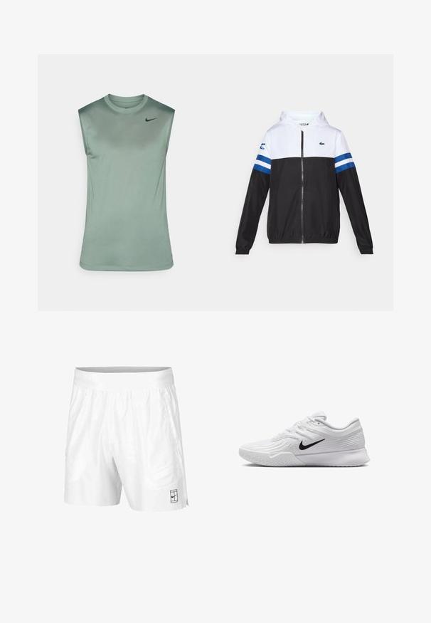 Hættejakke med en hvid overdel, sort underkrop og blå vandrette striber på ærmerne. Lavet af letvægtsstof med lynlås-lukning.; Ærmeløs atletisk skjorte i blød grøn stof med en glat tekstur. Har en rund halsudskæring og et lille sort Nike-logo på brystet.; Hvide atletiske shorts lavet af letvægtsstof med elastisk talje, der har to sidelommer og et lille sort logo på kanten.; Hvid atletisk sko med tekstureret mesh-overdel, sort Nike swoosh, polstret krave og gummisål med mønster.
