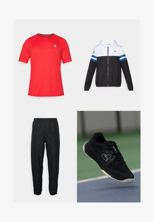 Kapuca jakna z belim zgornjim delom, črnim spodnjim delom in modrimi vodoravnimi črtami na rokavih. Narejena je iz lahkotnega materiala z zadrgo.; Rdeča športna majica s kratkimi rokavi iz lahkega materiala, z okroglo ovratnikom in majhno oznako na levem prsu.; Črne atletske hlače iz lahkega materiala z elastičnim pasom in manžetami, z gladko teksturo in minimalnim blagovnoznakom.; Črne atletske čevlje z teksturirano zgornjim delom in gladkimi detajli, s belim logotipom, vezalkami in fleksibilnim gumijastim podplatom.