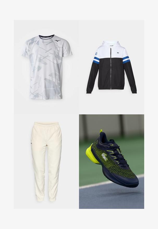 Giacca con cappuccio, parte superiore bianca, parte inferiore nera e strisce orizzontali blu sulle maniche. Realizzata in un tessuto leggero con chiusura a zip.; Maglietta sportiva bianca con un motivo geometrico grigio, maniche corte, collo rotondo e logo Mizuno sulla parte superiore sinistra. Realizzata in materiale traspirante.; Pantaloni sportivi color crema con vita elastica, gambe aderenti e un piccolo logo verde scuro sul lato sinistro. Tessuto liscio e leggero.; Scarpa da atletica di colore blu scuro e verde neon con lacci, logo coccodrillo e suola ammortizzata sospesa sopra la superficie di un campo da tennis.