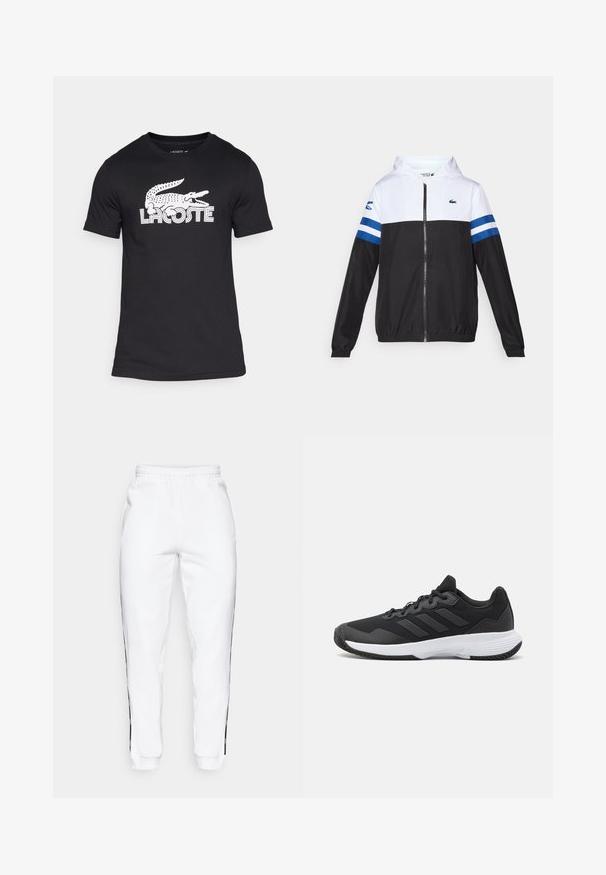 Giacca con cappuccio, parte superiore bianca, parte inferiore nera e strisce orizzontali blu sulle maniche. Realizzata in un tessuto leggero con chiusura a zip.; T-shirt in cotone nero con logo del coccodrillo bianco di Lacoste in un font retro. Maniche corte e design a collo rotondo.; Pantaloni della tuta bianchi con cintura elastica, caratterizzati da strisce laterali nere e polsini. Realizzati in tessuto morbido con una texture liscia.; Scarpa da ginnastica nera con parte superiore texturizzata, tre strisce orizzontali e una suola bianca con battistrada a motivo. Design leggero e aerodinamico.