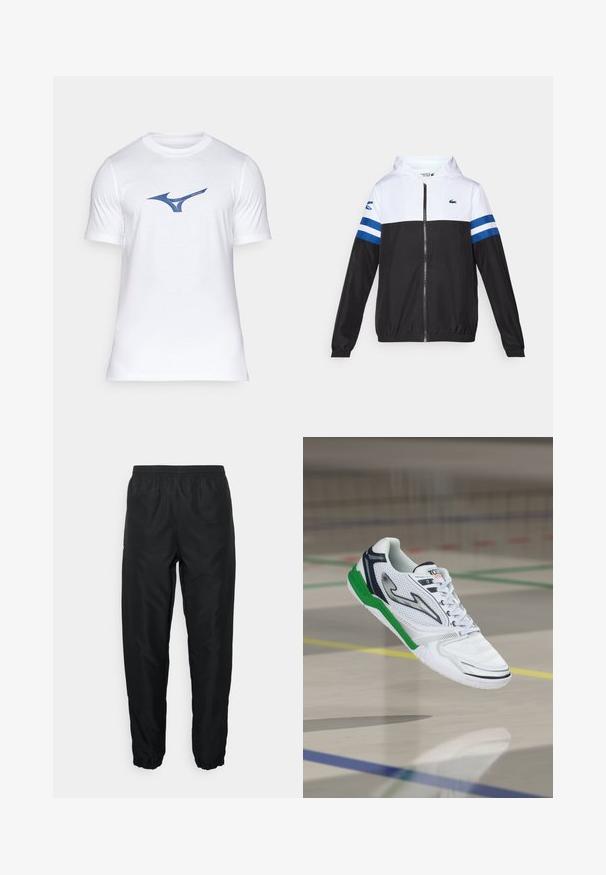 Casaco com capuz, com parte superior branca, parte inferior preta e riscas horizontais azuis nas mangas. Feito de um tecido leve com fecho de correr.; T-shirt de algodão branco com um logótipo azul da Mizuno em um design dinâmico ao centro, mangas curtas e decote redondo padrão.; Calças desportivas pretas feitas de material leve com cintura e punhos elásticos, apresentando uma textura suave e um detalhe de marcação mínima.; Shoe atlético branco com detalhes em verde e azul-marinho, parte superior de malha texturizada, design de atacadores e sola leve, adequada para desportos em ambiente fechado.
