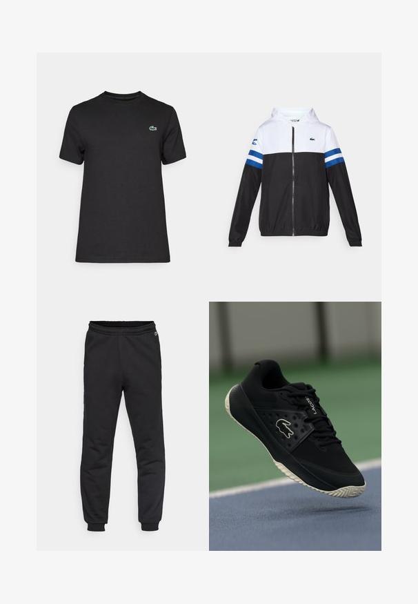 Casaco com capuz, com parte superior branca, parte inferior preta e riscas horizontais azuis nas mangas. Feito de um tecido leve com fecho de correr.; T-shirt de algodão preta com decote redondo. Apresenta um pequeno logótipo de crocodilo verde no lado esquerdo do peito. Mangas curtas e ajuste standard.; Calças de fato pretas com cintura e punhos elásticos, feitas de um tecido suave. Apresenta um pequeno logótipo do lado esquerdo para detalhe.; Sapatilha atlética preta com superior texturizado e detalhes lisos, apresentando um logo branco, design de atacadores e sola de borracha flexível.