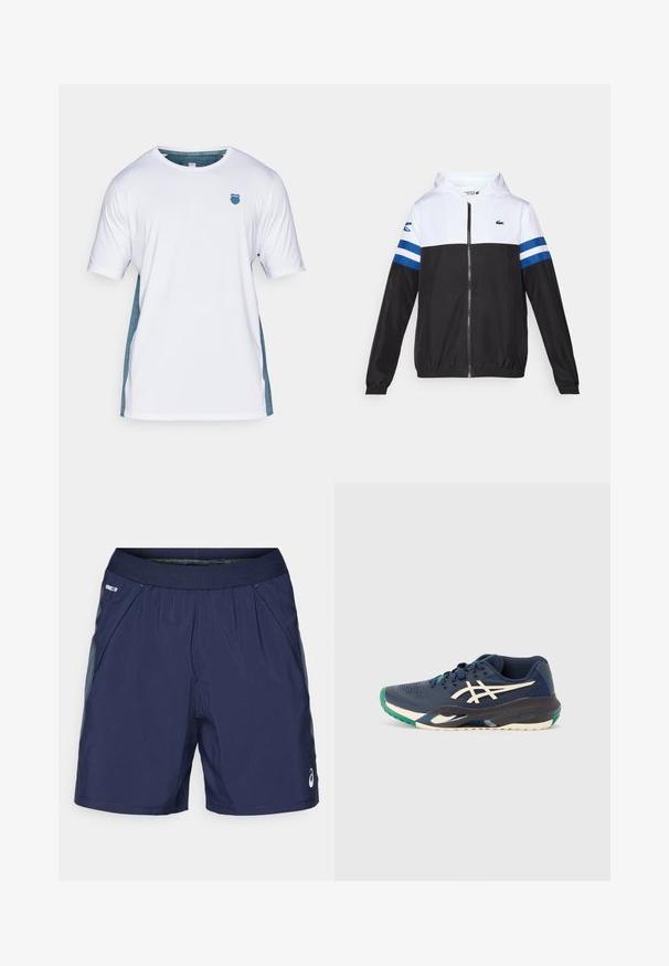 Hooded jacket with a white upper, black lower body, and blue horizontal stripes on sleeves. Made from a lightweight fabric with a zip closure.; White short-sleeve T-shirt with teal side accents and a blue shield logo on the chest. Made of breathable fabric, smooth texture.; Navy blue athletic shorts with elastic waistband, side pockets, and light gray accents. Made of lightweight, smooth fabric for comfort.; Navy athletic shoe with mesh upper, white logo, green accent on toe, and a multicolored sole. Streamlined design with textured surface.