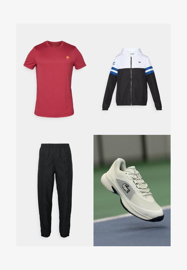 Hedvábná bunda s bílou horní částí, černou spodní částí a modrými vodorovnými pruhy na rukávech. Vyrobena z lehkého materiálu se zapínáním na zip.; Červené tričko s krátkým rukávem vyrobené z texturované látky, s malým žlutým logem na levé straně hrudi. Barevný kulatý výstřih a klasický střih.; Černé sportovní kalhoty vyrobené z lehkého materiálu s elastickým pasem a manžetami, s hladkým povrchem a minimálním brandingem.; Bílé sportovní tenisky s síťovinovým svrškem, černými akcenty, strukturovanou podrážkou a výrazným logem na boku, vystavené na pozadí hřiště.