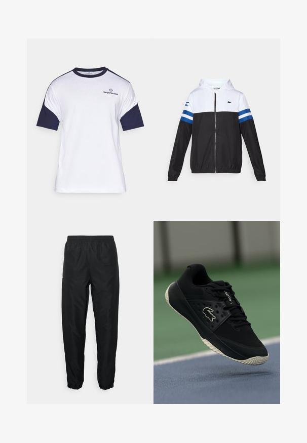 Jakna s kapuljačom bijelog gornjeg dijela, crnog donjeg dijela i plavim horizontalnim prugama na rukavima. Napravljena od laganog materijala s patentnim zatvaračem.; Bjela pamučna majica s kratkim rukavima u tamnoplavoj boji, s okruglim izrezom i malim logom na prsima. Mekana tekstura, ležeran dizajn.; Crne atletske hlače napravljene od laganog materijala s elastičnim pojasom i manžetama, s glatkom teksturom i minimalnim detaljem brendiranja.; Crna atletska cipela s teksturiranim gornjim dijelom i glatkim naglascima, s bijelim logotipom, vezanjem i fleksibilnom gumenom potplatom.