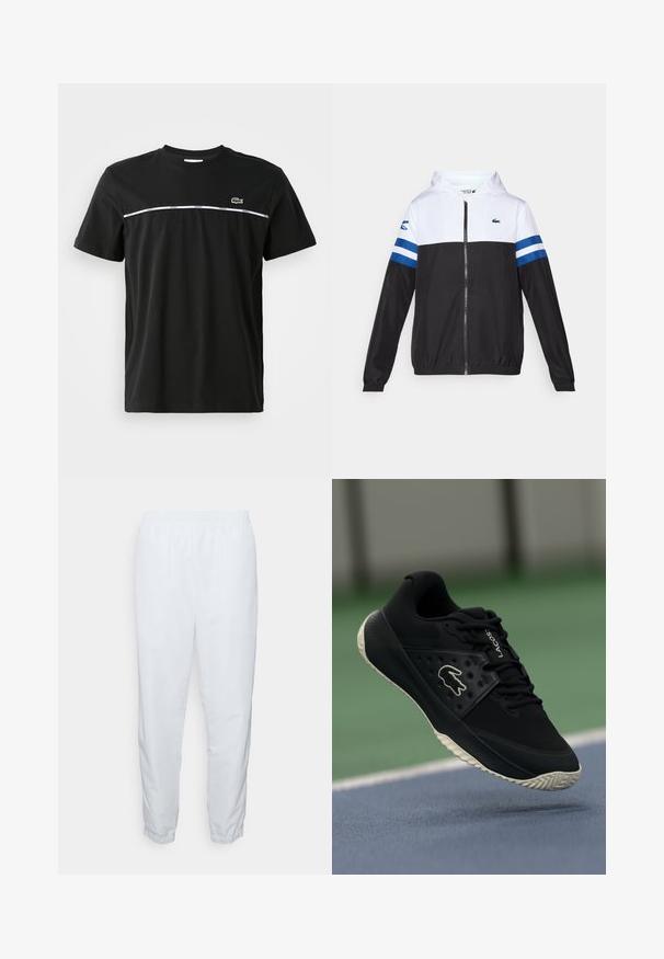 Casaco com capuz, com parte superior branca, parte inferior preta e riscas horizontais azuis nas mangas. Feito de um tecido leve com fecho de correr.; T-shirt de algodão preto com gola redonda, mangas curtas, uma faixa branca horizontal e um pequeno logótipo verde no peito.; Calças brancas, leves, com cintura elástica, pernas afuniladas e punhos elásticos. Textura suave, sem padrões visíveis ou peças de metal.; Sapatilha atlética preta com superior texturizado e detalhes lisos, apresentando um logo branco, design de atacadores e sola de borracha flexível.