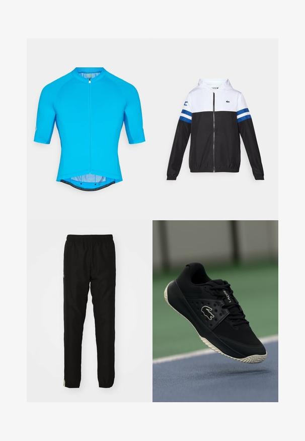 Veste à capuche avec une partie supérieure blanche, un bas noir et des rayures horizontales bleues sur les manches. Fabriquée en tissu léger avec une fermeture éclair.; Maillot de cyclisme bleu avec des manches courtes en raglan, texture lisse, fermeture éclair intégrale à l'avant et un dos légèrement allongé pour un bon maintien.; Pantalon de sport noir avec une taille élastique, des jambes fuselées et un petit logo sur le côté. Texture lisse et matériau léger.; Chaussure de sport noire avec une tige texturée et des accents lisses, présentant un logo blanc, un design à lacets et une semelle extérieure en caoutchouc flexible.