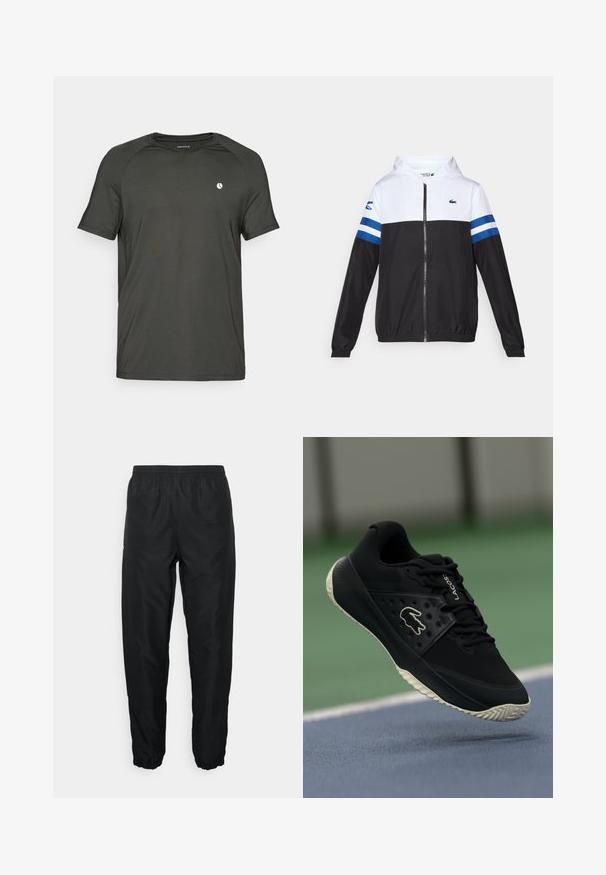 Giacca con cappuccio, parte superiore bianca, parte inferiore nera e strisce orizzontali blu sulle maniche. Realizzata in un tessuto leggero con chiusura a zip.; T-shirt atletico grigio scuro a maniche corte realizzato in tessuto traspirante. Presenta un colletto rotondo e un piccolo logo bianco sul lato sinistro del petto.; Pantaloni sportivi neri realizzati in materiale leggero, con vita elasticizzata e polsini, caratterizzati da una texture liscia e dettagli di branding minimi.; Scarpe atletiche nere con upper testurizzato e accenti lisci, dotate di un logo bianco, design con lacci e suola in gomma flessibile.