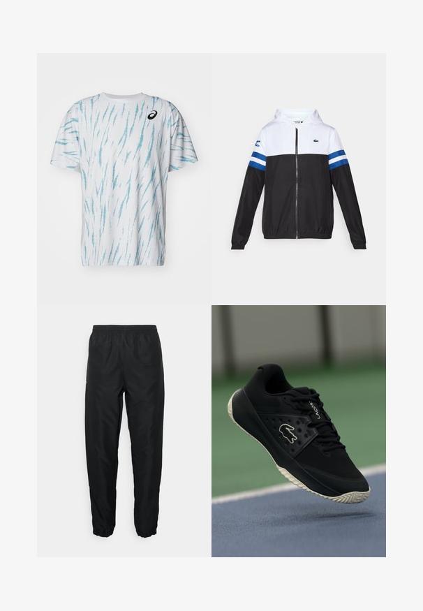 Hoodie mit einem weißen Oberteil, schwarzem Unterteil und blauen horizontalen Streifen an den Ärmeln. Aus einem leichten Stoff mit einem Reißverschluss.; ASICS GAME - T-Shirt print - brilliant white; Schwarze Sporthose aus leichtem Material mit elastischem Bund und Bündchen, die eine glatte Textur und minimale Markenkennzeichnung aufweist.; Schwarzer Sportschuh mit strukturiertem Obermaterial und glatten Akzenten, ausgestattet mit einem weißen Logo, Schnürdesign und flexibler Gummisohle.