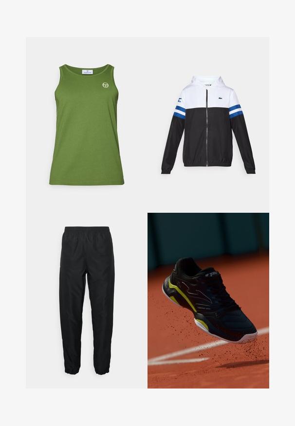 Hettejakke med hvit overdel, svart nedre del og blå horisontale striper på ermene. Laget av et lett materiale med glidelås.; Grønn tanktop laget av myk stoff, med rund halsutskjæring og en liten logo foran, i et enkelt, rett snitt design.; Svart treningbukser laget av lett materiale med elastisk midje og mansjetter, med en glatt tekstur og minimal merkevarepreg.; Svart atletisk sko med gule accenter, teksturert overflate og fremtredende logo. Plassert i fritt fall, med støvpartikler rundt.