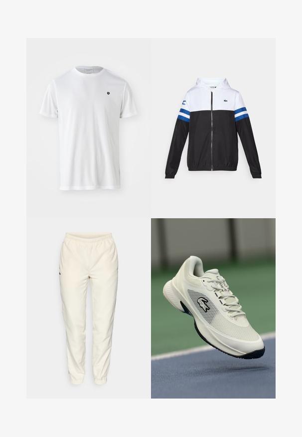 Hettejakke med hvit overdel, svart nedre del og blå horisontale striper på ermene. Laget av et lett materiale med glidelås.; Hvit kortermet t-skjorte laget av teksturert stoff, med rund hals og en liten svart logo på brystet.; Kremfargede treningsbukser med elastisk liv, smale ben og en liten mørk grønn logo på venstre side. Glatt, lett stoff.; Hvite sportssko med mesh-overdel, svarte detaljer, teksturert såle og fremtredende logo på siden, plassert mot en bakgrunn av en bane.