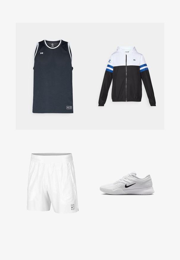Huvjacka med vit överdel, svart underdel och blå horisontella ränder på ärmarna. Tillverkad i ett lätt material med dragkedja.; Svart mesh sporttopp med vita detaljer, rund hals och ärmlös design. Har en logotyppatch på nedersta vänstra sidan.; Vita idrottsshorts tillverkade av lätt tyg med resårmidja, med två sidofickor och en liten svart logotyp på fållen.; Vit träningsskor med strukturerad mesh-överkonstruktion, svart Nike-swoosh, vadderad krage och gummiyttersula med mönster.