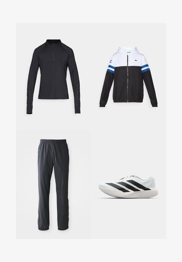 Hooded jacket with a white upper, black lower body, and blue horizontal stripes on sleeves. Made from a lightweight fabric with a zip closure.; Black long-sleeve athletic top with quarter zip and raglan sleeves, featuring a subtle logo along the left sleeve. Smooth, lightweight material.; Men’s dark gray lightweight pants with elastic waistband and ankle cuffs, front pockets with zippers, laid flat on a white background.; Lightweight running shoes in pale blue with black stripes. Features a smooth upper, round toe, and thick white midsole labeled "LIGHTSTRIKE PRO."