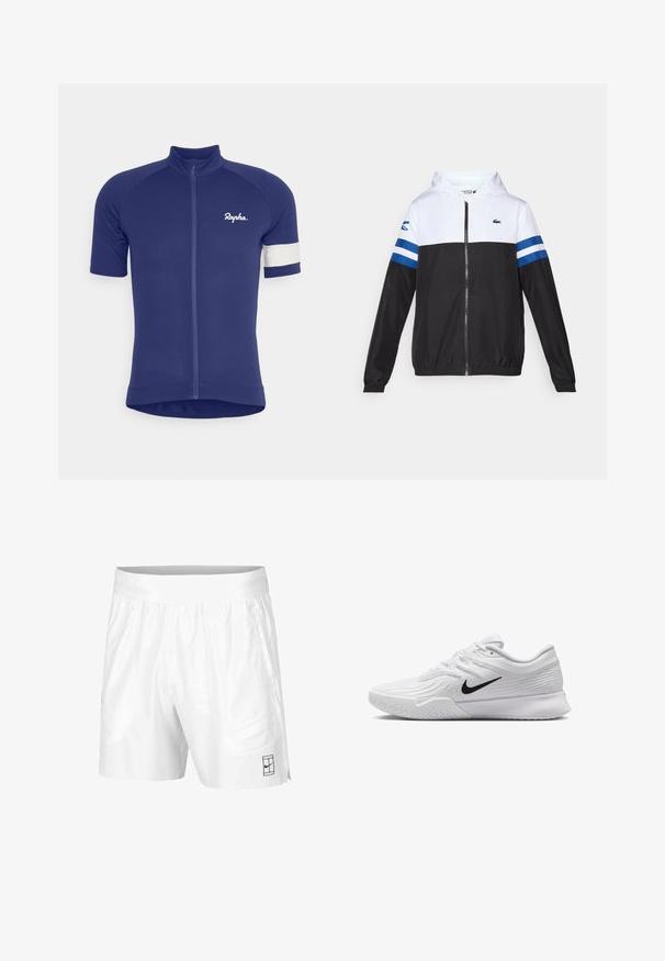 Casaco com capuz, com parte superior branca, parte inferior preta e riscas horizontais azuis nas mangas. Feito de um tecido leve com fecho de correr.; Rapha MENS CORE LIGHTWEIGHT - Camisola de ciclismo - medieval blue/white alyssum; Calções atléticos brancos feitos de um tecido leve com um cós elástico, apresentando dois bolsos laterais e um pequeno logotipo preto na bainha.; Sapatilha atlética branca com parte superior em malha texturizada, swoosh preto da Nike, colarinho almofadado e sola de borracha com um padrão de ranhura.