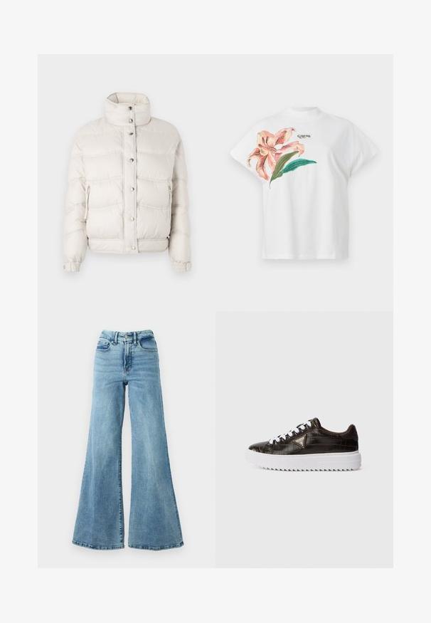 JOOP! ORKIDA - Žieminė striukė - light beige; Balta medvilninė marškinėliai trumpomis rankovėmis su rožiniu gėlių raštu ir žaliais lapais kairėje pusėje. Virš rašto yra pilkas "Guess" logotipas.; Good American GOOD WAIST PALAZZO - Platėjantys džinsai - indigo; Juodos krokodilo odos tekstūros žemos viršūnės sportbačiai su baltais raišteliais, balta gofruota stora padu ir trikampiu „Guess“ logotipu šone.