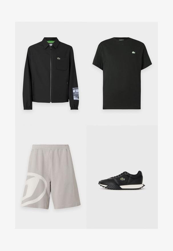Jachetă neagră confecționată dintr-un material neted, cu căptușeală verde, fermoar frontal, buzunar pe piept la stânga și un detaliu cu un model pe mânecă.; Tricou negru din bumbac cu guler rotund, mâneci scurte și un logo verde brodat pe partea stângă a pieptului. Textură netedă, croială lejeră.; Pantaloni scurți casual gri deschis cu talie elastică și design abstract alb mare pe piciorul stâng, expuși pe fundal alb.; Adidași negri cu un finisaj din piele netedă, având o talpă din cauciuc texturat, o talpă intermediară albă și un logo brodat verde pe lateral.
