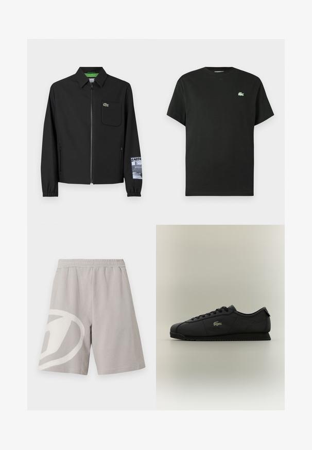 Czarna kurtka z gładkiego materiału z zielonym wewnętrznym podszewką, zamek błyskawiczny z przodu, kieszeń na lewym piersi oraz wzorzystą detalem rękawa.; Czarna bawełniana koszulka z okrągłym dekoltem, krótkimi rękawami i zielonym haftowanym logo na lewej piersi. Gładka faktura, luźny krój.; Jasnoszare casualowe spodenki z elastycznym pasem i dużym białym abstrakcyjnym wzorem na lewej nogawce, prezentowane na białym tle.; Czarne niskie trampki z długim sznurowaniem, teksturowaną podeszwą i złotym logo krokodyla po boku.