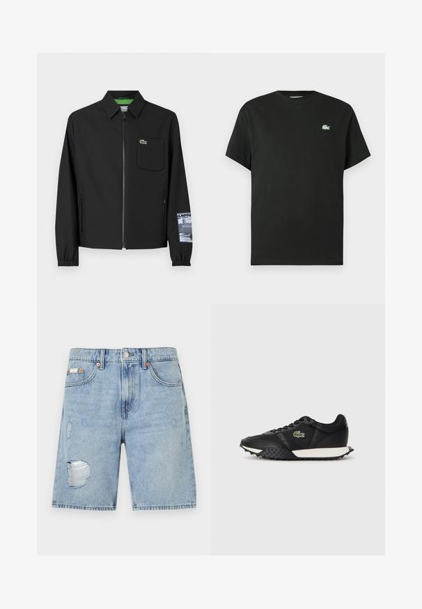 Must must, millelise vooderiga must jope, ees lukk, vasakul rinna tasku ja mustriline varrukate detail.; Mustast puuvillasest lühikeste varrukatega t-särk, ümara kaelusega ja vasakul rinnal rohelise tikandiga logoga. Sile tekstuur, lõõgastav lõige.; Heled sinine teksashorts, millel on kulunud disain. Omab narmendavaid ääri ja plaastreid, viit taskut ja metallist nööpkinnitust.; Mustad mustad spordijalatsid sileda nahkviimistlusega, tekstuurse kummitaldiga, valge vahevaibaga ja rohelise brodüüritud logoga küljele.