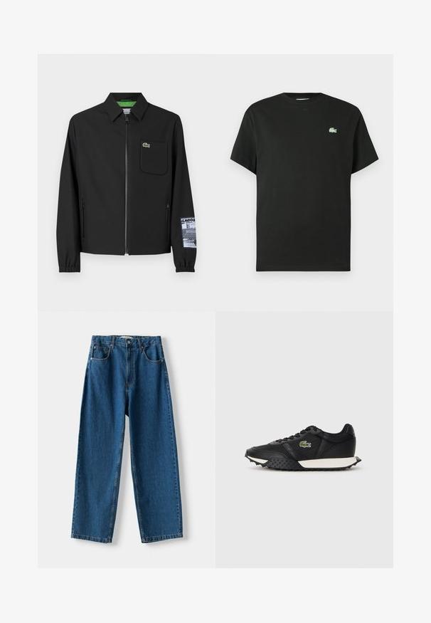 Jachetă neagră confecționată dintr-un material neted, cu căptușeală verde, fermoar frontal, buzunar pe piept la stânga și un detaliu cu un model pe mânecă.; Tricou negru din bumbac cu guler rotund, mâneci scurte și un logo verde brodat pe partea stângă a pieptului. Textură netedă, croială lejeră.; Blugi din denim albastru cu talie înaltă, cu croială dreaptă, având închidere cu nasture și fermoar, cinci buzunare și cusături contrastante.; Adidași negri cu un finisaj din piele netedă, având o talpă din cauciuc texturat, o talpă intermediară albă și un logo brodat verde pe lateral.