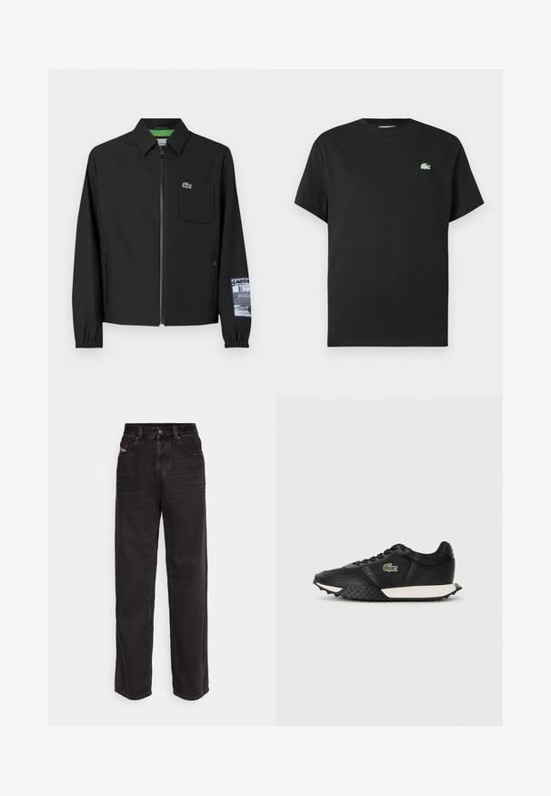 Melnā jakas ar gludu audumu un zaļu iekšējo oderi, priekšējais rāvējslēdzējs, kreisajā krūtī kabata un rakstaina piedurkne.; Melna kokvilnas T-krekls ar apaļu apkakli, īsām piedurknēm un zaļu izšūtu logo kreisajā krūtīs. Gluda tekstūra, brīvs piegriezums.; Melnas denima plata kāju bikses ar augstu jostasvietu, priekšējo pogu aizdari, divām sānslēpēm un smalkām šuvju detaļām.; Melnas kedas ar gludu ādas apdari, ar strukturētu gumijas zoli, baltu vidusdaļu un zaļu izšūtu logo sānos.