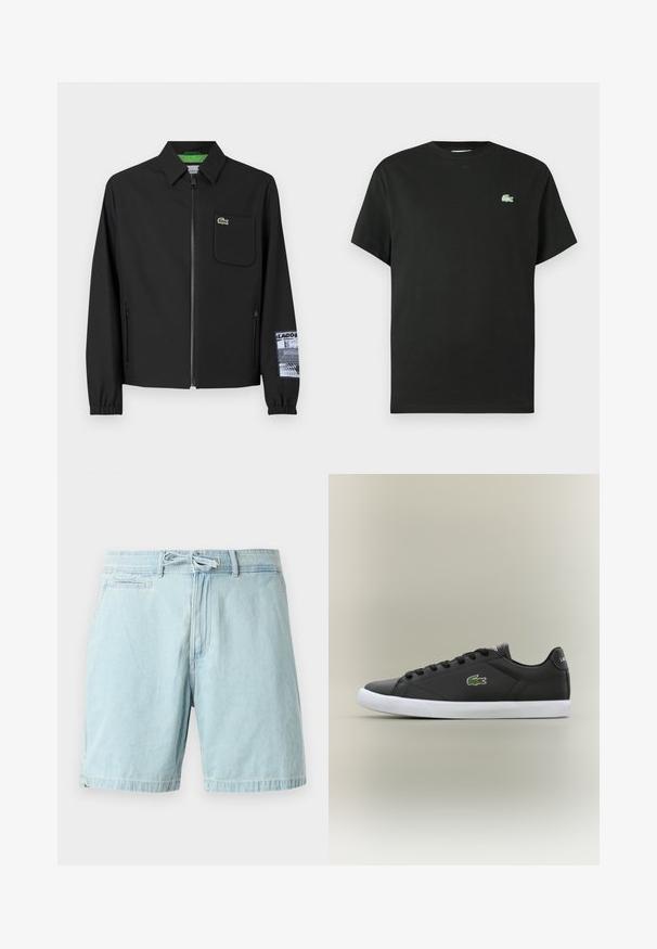 Jachetă neagră confecționată dintr-un material neted, cu căptușeală verde, fermoar frontal, buzunar pe piept la stânga și un detaliu cu un model pe mânecă.; Tricou negru din bumbac cu guler rotund, mâneci scurte și un logo verde brodat pe partea stângă a pieptului. Textură netedă, croială lejeră.; Pantaloni scurți din denim albastru deschis, cu talie elastică și detaliu cu șnur, având buzunare laterale și un croi lejer. Textură netedă, design casual.; Tenisi negri din piele cu talpă din cauciuc alb, având un logo verde de crocodil și șireturi rotunde, design elegant cu textură fină.