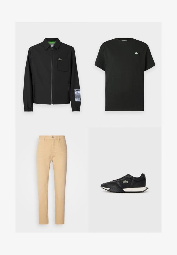 Jachetă neagră confecționată dintr-un material neted, cu căptușeală verde, fermoar frontal, buzunar pe piept la stânga și un detaliu cu un model pe mânecă.; Tricou negru din bumbac cu guler rotund, mâneci scurte și un logo verde brodat pe partea stângă a pieptului. Textură netedă, croială lejeră.; Pantaloni din bumbac bej, cu o croială slim, având un design cu cinci buzunare, închidere frontală cu buton și o textură subtilă.; Adidași negri cu un finisaj din piele netedă, având o talpă din cauciuc texturat, o talpă intermediară albă și un logo brodat verde pe lateral.