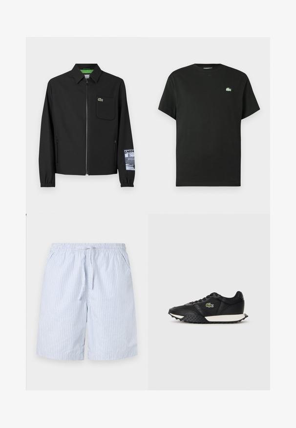 Black jacket made of smooth fabric with a green inner lining, front zipper, left chest pocket, and a patterned sleeve detail.; Black cotton t-shirt with a crew neck, short sleeves, and a green embroidered logo on the left chest. Smooth texture, relaxed fit.; Blue and white striped swim shorts made of lightweight fabric, featuring an elastic waistband with a drawstring and side pockets.; Black sneakers with a smooth leather finish, featuring a textured rubber sole, white midsole, and a green embroidered logo on the side.