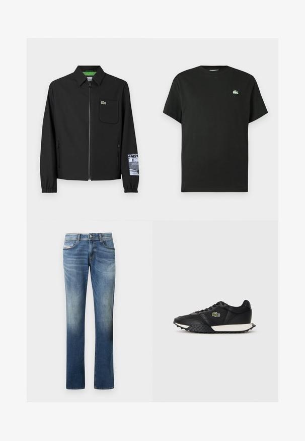 Black jacket made of smooth fabric with a green inner lining, front zipper, left chest pocket, and a patterned sleeve detail.; Black cotton t-shirt with a crew neck, short sleeves, and a green embroidered logo on the left chest. Smooth texture, relaxed fit.; Blue denim jeans with a faded finish, straight-leg design, five-pocket style, and subtle stitching details. Classic button closure.; Black sneakers with a smooth leather finish, featuring a textured rubber sole, white midsole, and a green embroidered logo on the side.