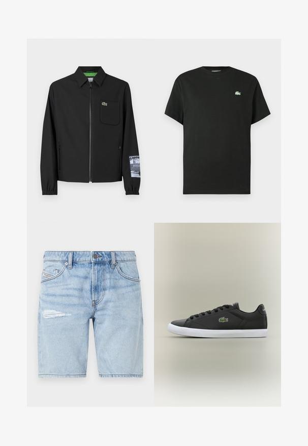 Must must, millelise vooderiga must jope, ees lukk, vasakul rinna tasku ja mustriline varrukate detail.; Mustast puuvillasest lühikeste varrukatega t-särk, ümara kaelusega ja vasakul rinnal rohelise tikandiga logoga. Sile tekstuur, lõõgastav lõige.; Heled sinised denim lühikesed püksid koos pleekinud pesuga, millel on rebend vasakul reiel ja klassikaline viie tasku disain. Metallne nööp sulgemiseks.; Mustad mustad nahast tennisetossud valge kummist tallaga, millel on roheline krokodillilogo ja ümmargused paelad, stiilne disain sujuva tekstuuriga.